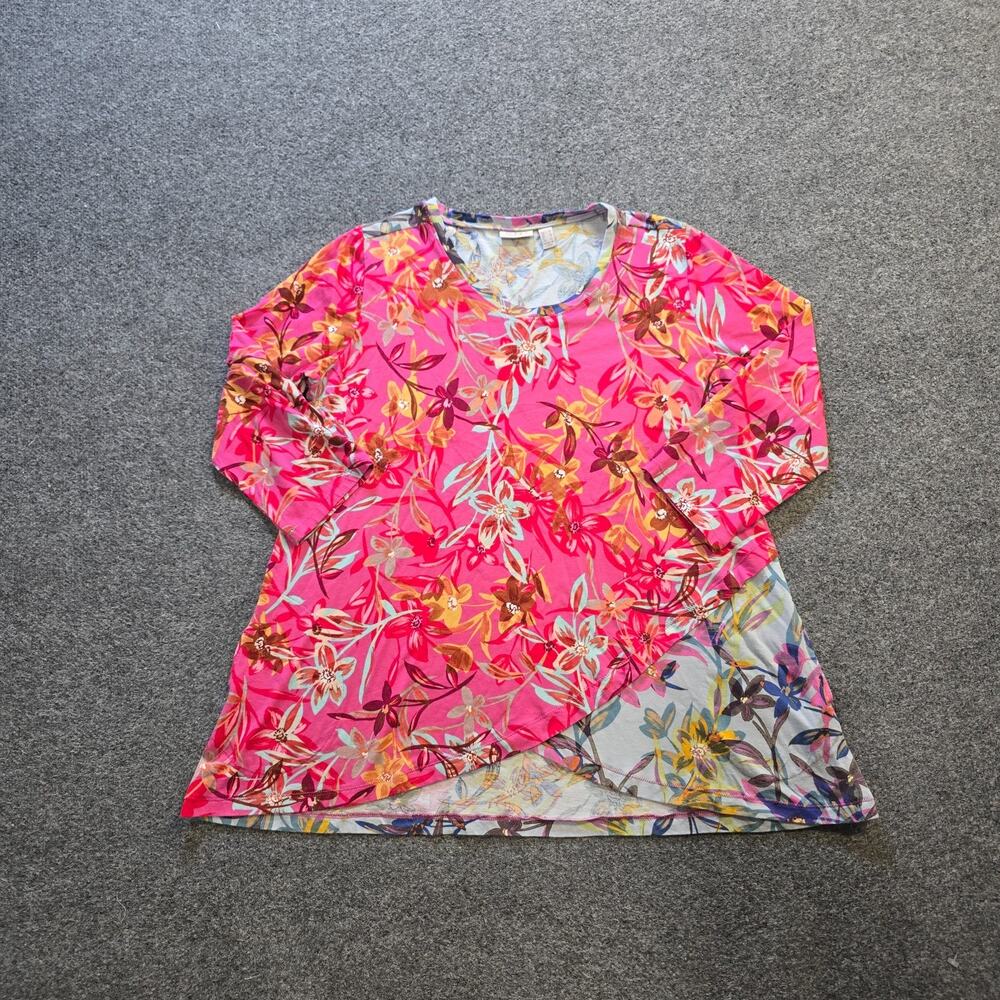 LOGO Lori Goldstein Top Womens Medium Pink Floral Long Sleeve Pocket Casual Boho